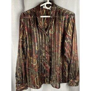 Yves Womens Sz 14 Maroon/Gold Sheer Paisley Button Down Long Sleeve Dressy Top